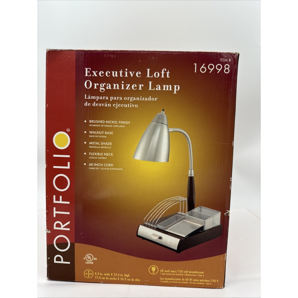 Portfolio Executive Loft Organizer Desk Lamp Brushed Nickel, 60" Cord Walnut NEW